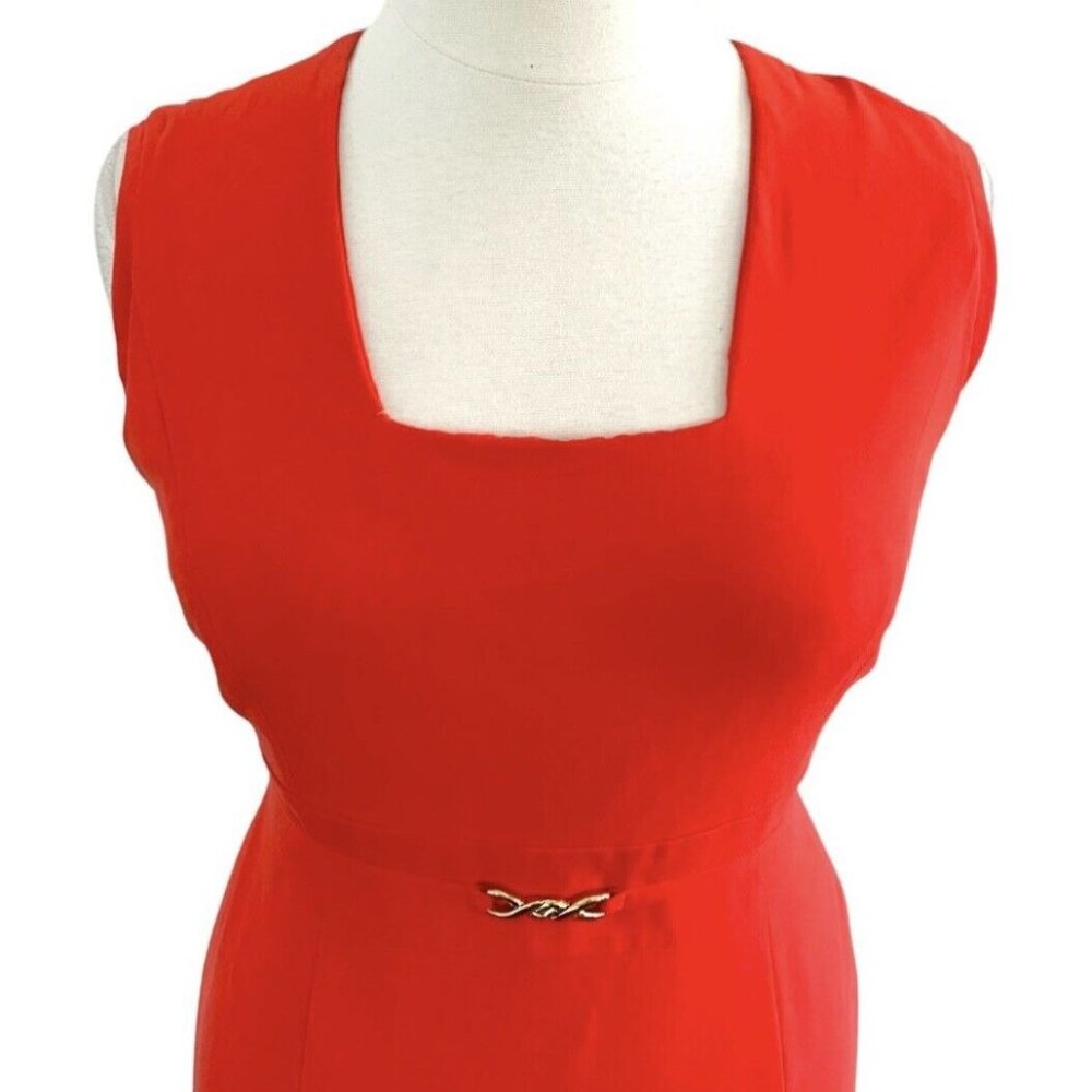 Tahari Sleeveless Square Neck Buckle Waist Ferrari Red Woven Dress Size 14 - Picture 2 of 7
